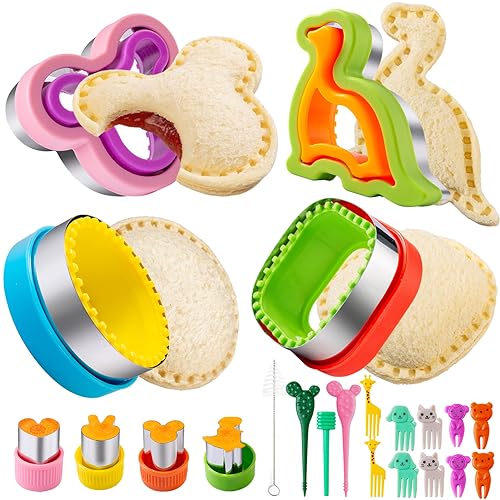 Nifogo Sandwich Cutter for Kids Lunch 22 Pcs LARGE Nifogo Sandwich Maker Cookie Cutters and Sealer Set Bread Decruster Dinosaur Mickey Square Circle Shape for Boys Girls