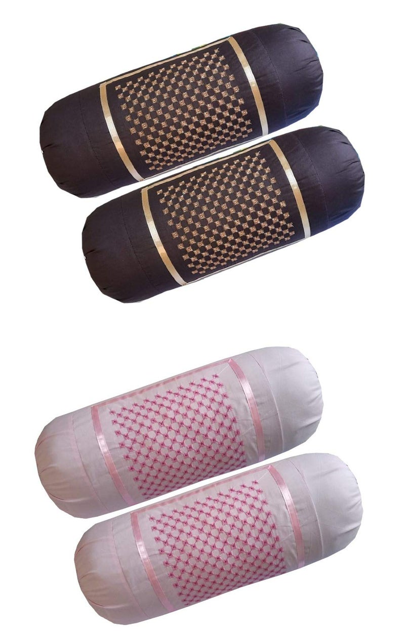 HSR Collection 100% Cotton Embroidered Stone Designed Bolster Cover - Set of 4, Coffee & Pink - Image 1
