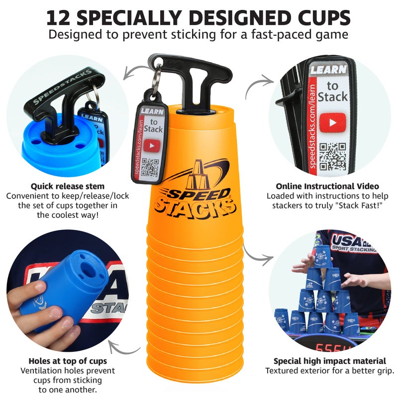 سبيد ستاكس مداخن السرعة | مجموعة التراص الرياضية الرسمية Orange - 12 كوبًا وعقد STEM | مواد الصف العليا احتكاك منخفضة | وافق WSSA - Image 4
