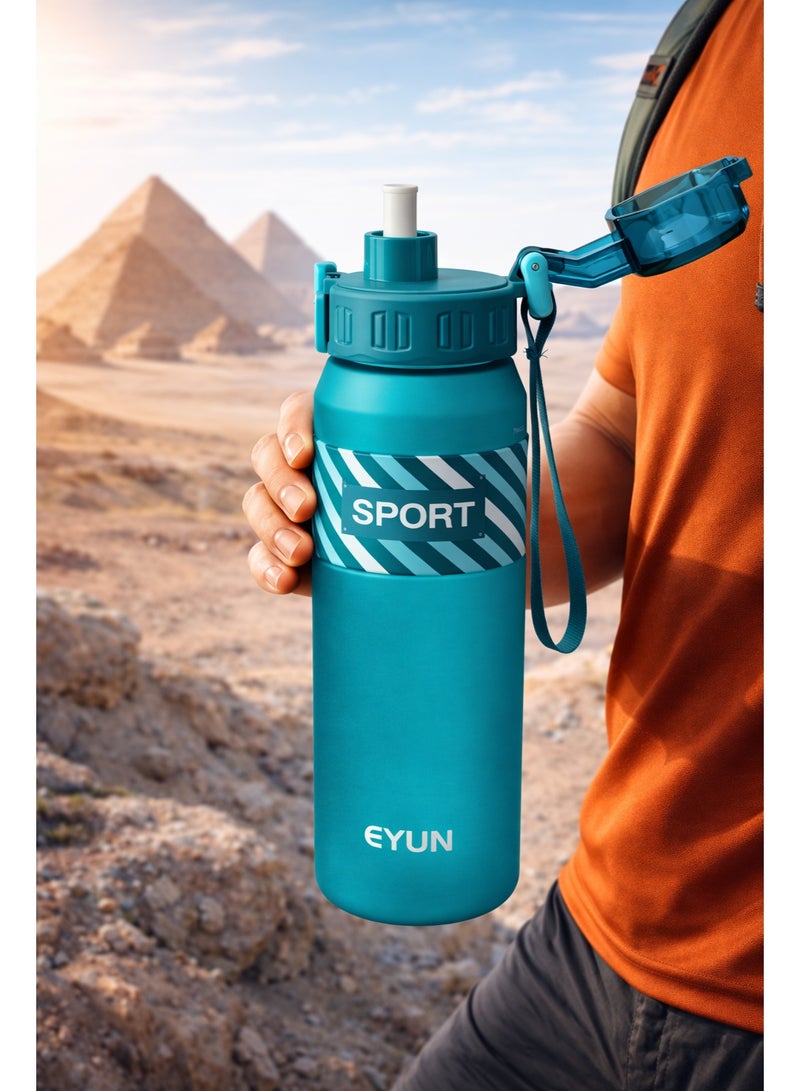 EYUN زجاجة مياه رياضية 1000 مل مع شفاط مدمج وغطاء قفل بلمسة واحدة خالية من BPA مانعة للتسرب مع حزام حمل للنادي والمدرسة والسفر والأنشطة الخارجية بطول 29 سم (أخضر) - Image 3