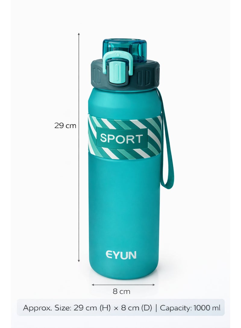 EYUN زجاجة مياه رياضية 1000 مل مع شفاط مدمج وغطاء قفل بلمسة واحدة خالية من BPA مانعة للتسرب مع حزام حمل للنادي والمدرسة والسفر والأنشطة الخارجية بطول 29 سم (أخضر) - Image 4