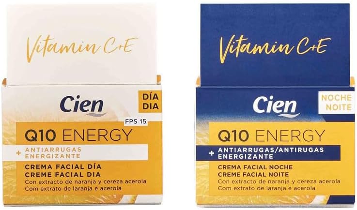 Pack 2 Cien Energy Day Face Cream Q10 Energy AntiWrinkle Night Face Cream 50 ml Energizing with Orange and Cherry Extract Acerola Pack 2