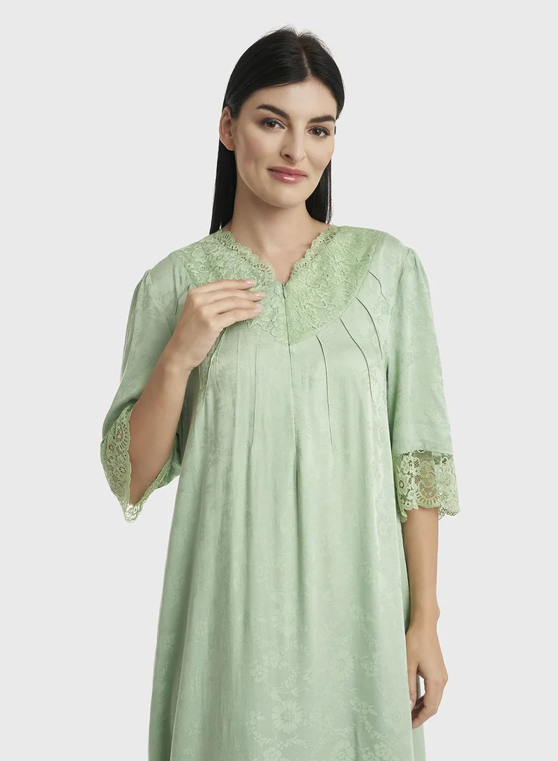KASHKHA Dusty Green Jacquard Rayon Nightwear (CNH434)