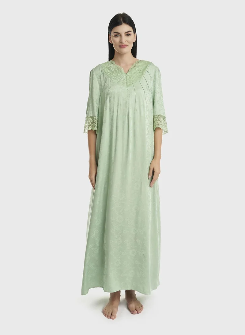 KASHKHA Dusty Green Jacquard Rayon Nightwear (CNH434)