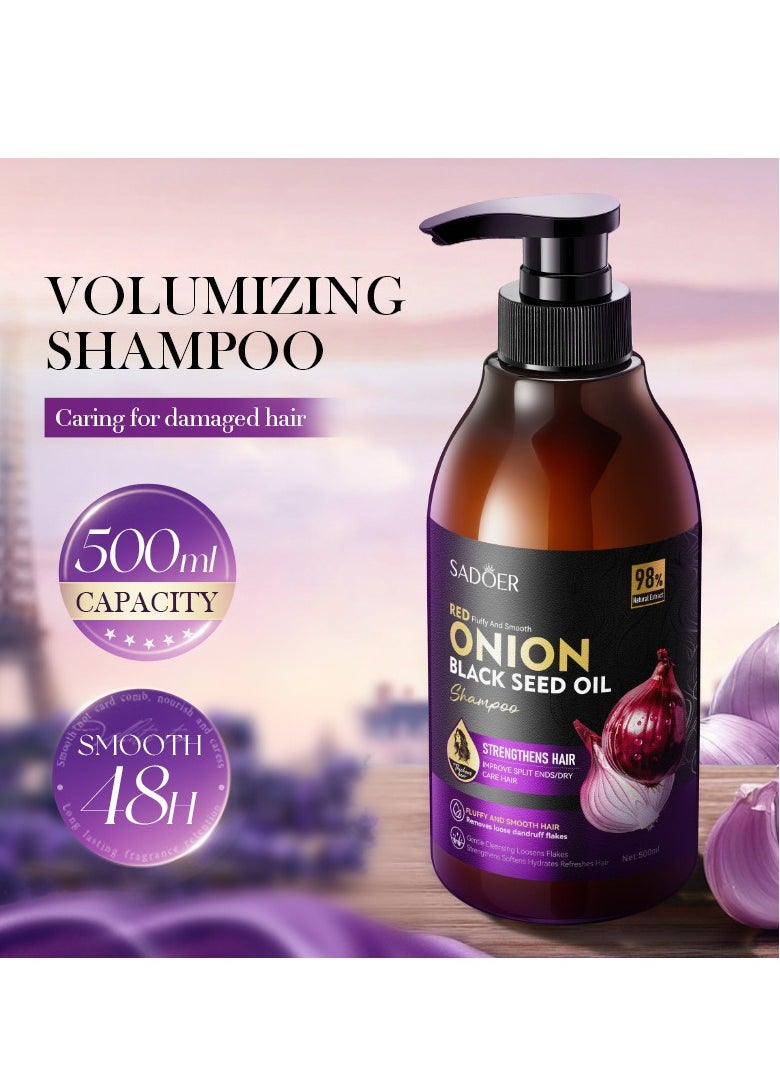 SADOER - 500ML Black Seed Oil & Red Onion Shampoo Boosts Shine, Hydration & Shine - Reduces Itchy Scalp, Dandruff & Frizz - No Parabens Or Sulfates - Image 1
