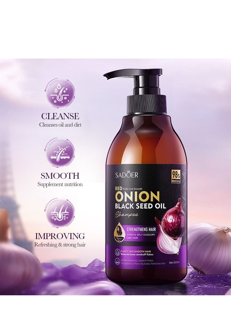 SADOER - 500ML Black Seed Oil & Red Onion Shampoo Boosts Shine, Hydration & Shine - Reduces Itchy Scalp, Dandruff & Frizz - No Parabens Or Sulfates - Image 1
