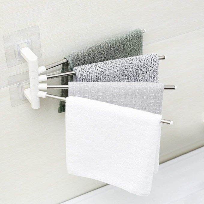 STAINLESS STEEL SELF ADHESIVE 4 ARM BATHROOM SWING HANGER TOWEL RACKHOLDER FOR BATHROOMTOWEL STANDROTATING TOWEL RACKBATHROOM ACCESSORIESTOWEL RODS FOR BATHROOM AND KITCHEN