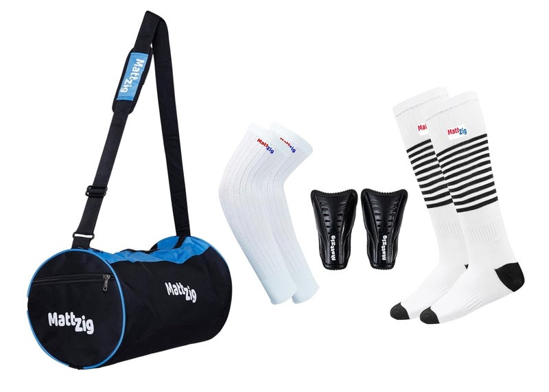 MATTZIG ® Club Football Kit (One Pair of Striped Lycra Socks + One Pair of Shin Guard + One Pair of Cotton Arm Sleeves + One Kit Bag) (White/Black) - Image 1