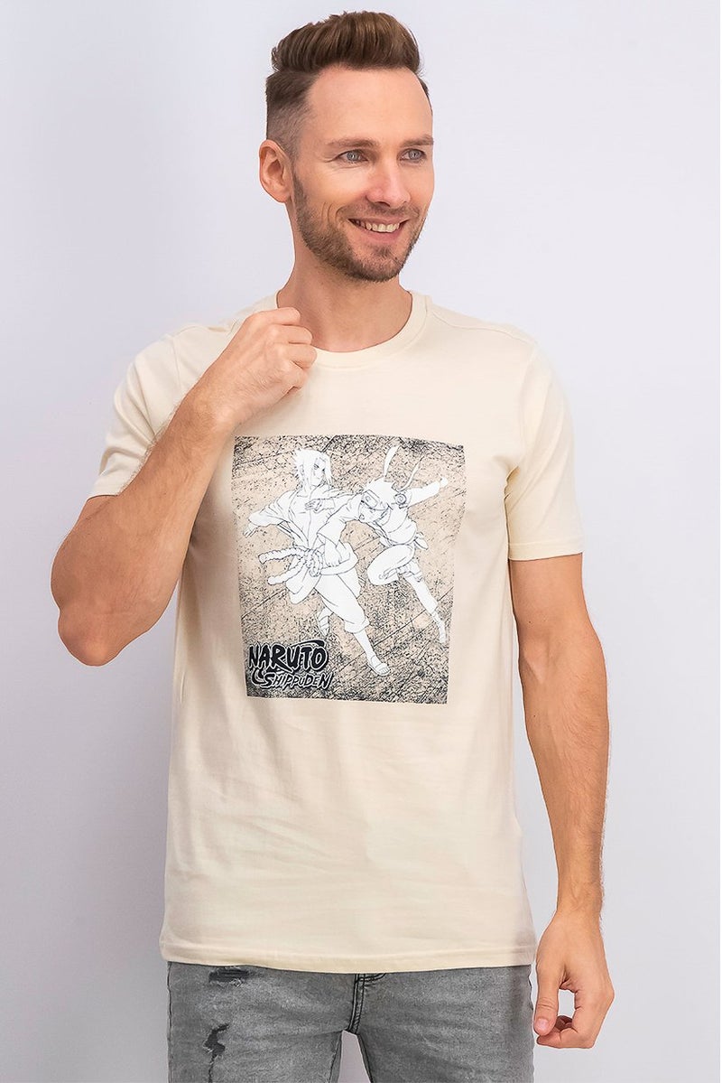 DIFUZED Men Crew Neck Short Sleeve Graphic Print T-shirt, Beige and White - Image 1
