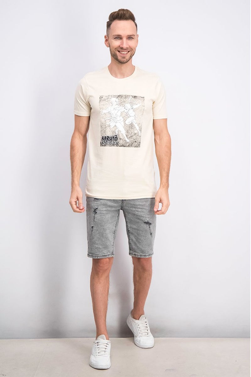 DIFUZED Men Crew Neck Short Sleeve Graphic Print T-shirt, Beige and White - Image 3