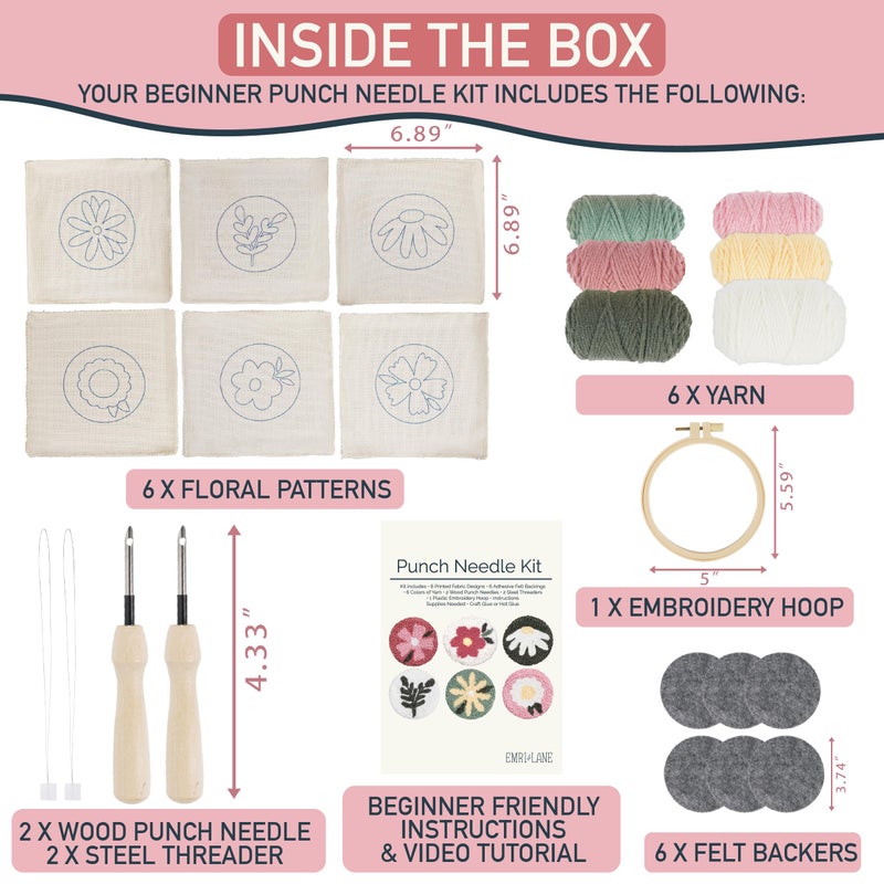 Emri Lane Punch Needle Kit â€“ 6 Floral Design Punch Needle Embroidery Kit w/Monk Cloth, Embroidery Hoop, Yarn & More - Essential Punch Needle Supplies for Crafters - Ideal Punch Art for Beginners - Image 4