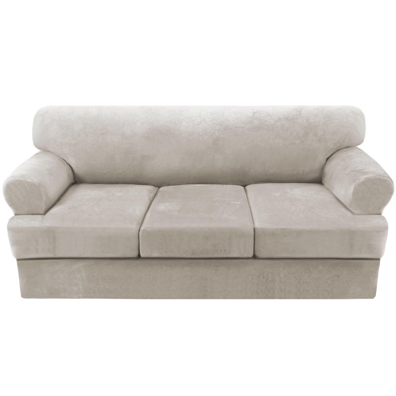 HVERSAILTEX Sofa Cover 4 Piece T Cushion Sofa Slipcovers Thick Velvet Couch Cover Stretch T Cushion Sofa Covers for 3 Cushion Couch with 3 Individual T Cushion Covers Washable Oatmeal