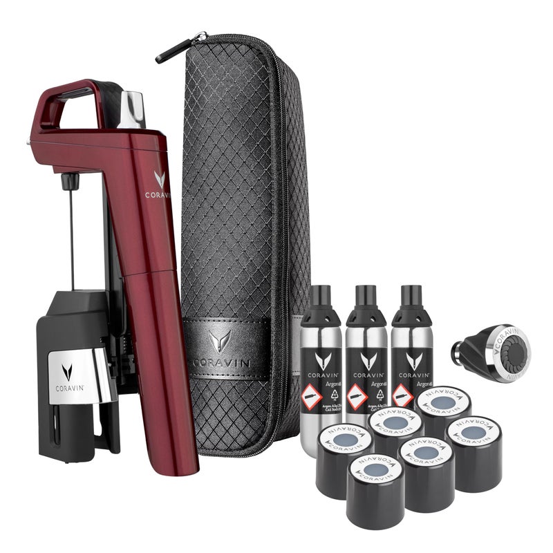 Coravin نظام حفظ النبيذ كورافين تيمليس 6 بلس - موفر النبيذ بالكوب - مع 3 كبسولات غاز الأرجون النقي، 6 أغطية لولبية ومهوّي النبيذ - بورغندي - Image 1