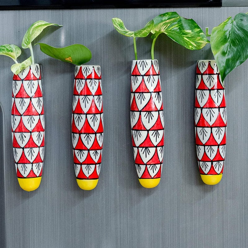 Lazy Gardener Lazy Gardener Rangoli Ceramic Magnetic Planters Fridge Magnet Pots Plant Vase with Strong Magnet for Indoor Plants Home Dcor Set of 4 Red Yellow 
