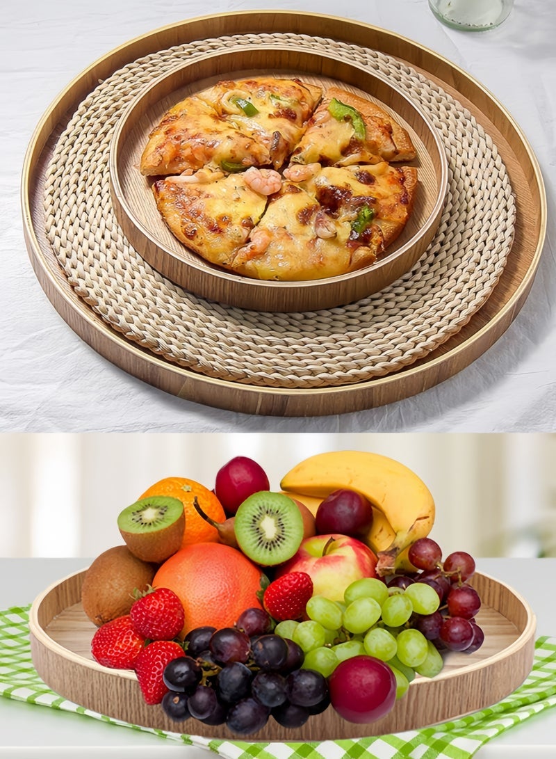 nihao 3 Pcs Handmade Tea Serving Tray Set, Solid Wood Serving Tray, Decorative Serving Trays Platter Round Non-Slip Tea Coffee Snack Pizza Plate Food Meals Serving Tray with Raised Edges for Home Kitchen Restaurant-37.5CM+33CM+30CM,Wood Color - Image 5