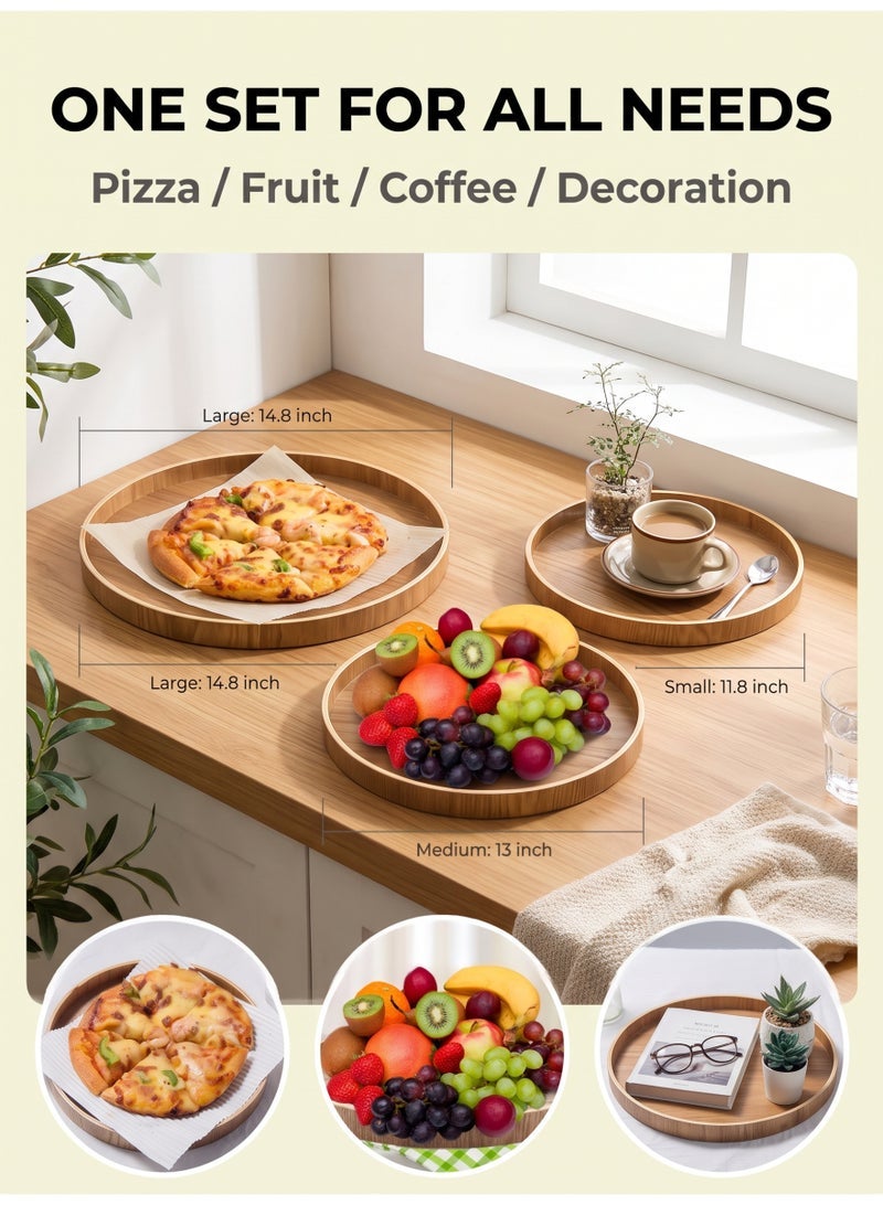 nihao 3 Pcs Handmade Tea Serving Tray Set, Solid Wood Serving Tray, Decorative Serving Trays Platter Round Non-Slip Tea Coffee Snack Pizza Plate Food Meals Serving Tray with Raised Edges for Home Kitchen Restaurant-37.5CM+33CM+30CM,Wood Color - Image 2