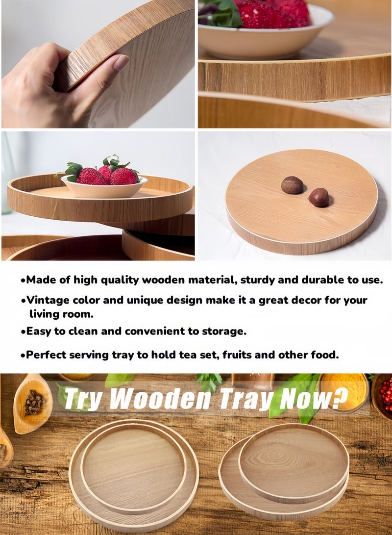 nihao 3 Pcs Handmade Tea Serving Tray Set, Solid Wood Serving Tray, Decorative Serving Trays Platter Round Non-Slip Tea Coffee Snack Pizza Plate Food Meals Serving Tray with Raised Edges for Home Kitchen Restaurant-37.5CM+33CM+30CM,Wood Color - Image 3