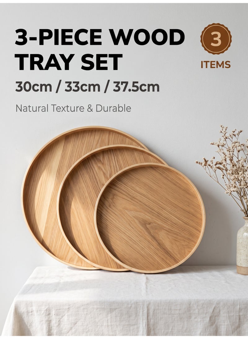 nihao 3 Pcs Handmade Tea Serving Tray Set, Solid Wood Serving Tray, Decorative Serving Trays Platter Round Non-Slip Tea Coffee Snack Pizza Plate Food Meals Serving Tray with Raised Edges for Home Kitchen Restaurant-37.5CM+33CM+30CM,Wood Color - Image 1