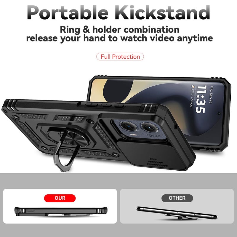 YZOK for Motorola Edge 2024 Case,with Camera Lens Cover HD Screen Protector,[Military Grade] Ring Car Mount Kickstand Hybrid Hard PC Soft TPU Shockproof Protective Case for Moto Edge 2024, Black - Image 3