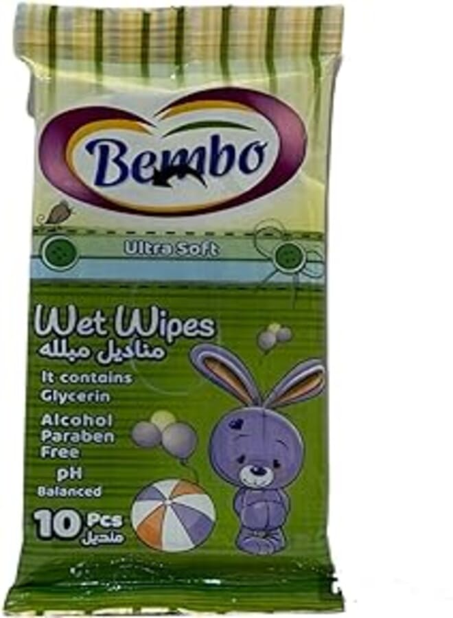 Bembo Wet Wipes Ultra soft -Glycerin -Paraben free PH balanced Green-10 PCS