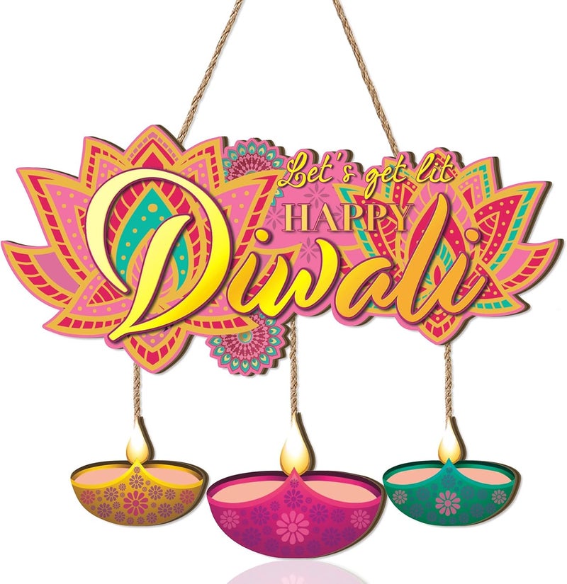 Aurlan Happy Diwali Signs,Let's Get LIt Diwali Door Decoration,Indian Festival of Light Party Decor,Diya Lotus Door Hangings,Dewalee Wood Wall Hanging,Oil Lamp Decor for Porch Yard Home Party - Image 1