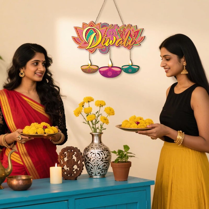 Aurlan Happy Diwali Signs,Let's Get LIt Diwali Door Decoration,Indian Festival of Light Party Decor,Diya Lotus Door Hangings,Dewalee Wood Wall Hanging,Oil Lamp Decor for Porch Yard Home Party - Image 4