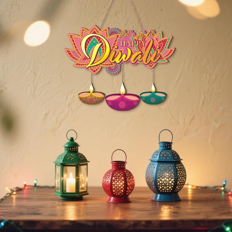 Aurlan Happy Diwali Signs,Let's Get LIt Diwali Door Decoration,Indian Festival of Light Party Decor,Diya Lotus Door Hangings,Dewalee Wood Wall Hanging,Oil Lamp Decor for Porch Yard Home Party - Image 5