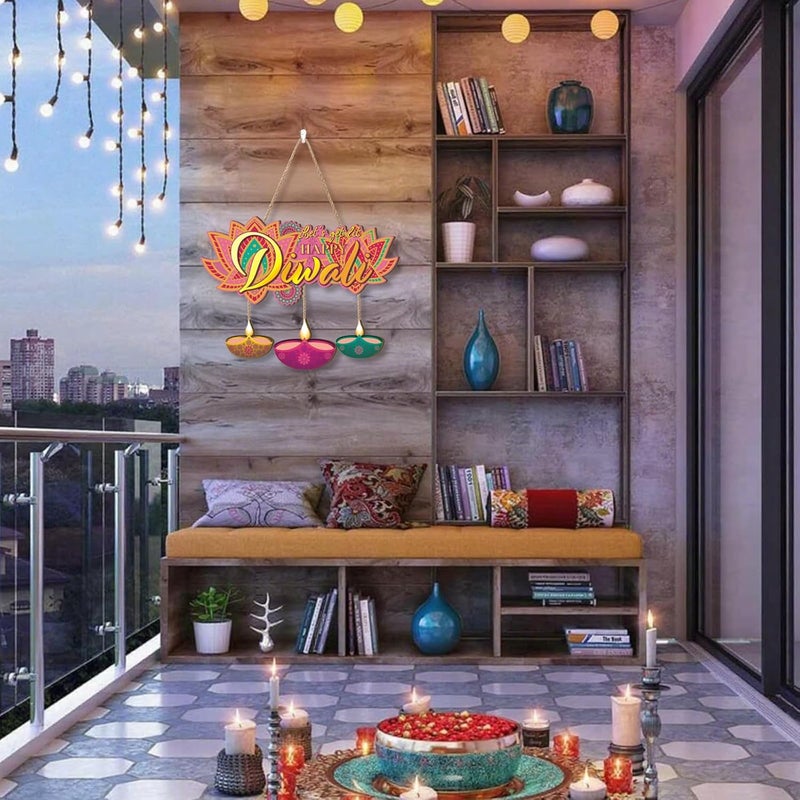 Aurlan Happy Diwali Signs,Let's Get LIt Diwali Door Decoration,Indian Festival of Light Party Decor,Diya Lotus Door Hangings,Dewalee Wood Wall Hanging,Oil Lamp Decor for Porch Yard Home Party - Image 2