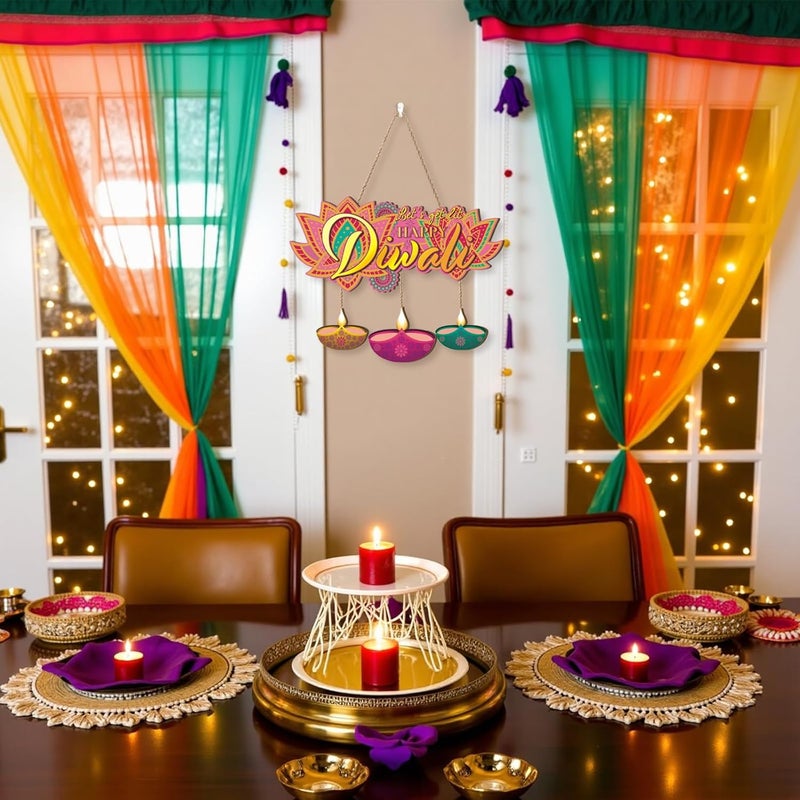 Aurlan Happy Diwali Signs,Let's Get LIt Diwali Door Decoration,Indian Festival of Light Party Decor,Diya Lotus Door Hangings,Dewalee Wood Wall Hanging,Oil Lamp Decor for Porch Yard Home Party - Image 3