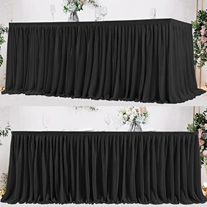 PARTISKY Black Polyester Table Skirt for Rectangle Tables 8ft, Wrinkle Resistant Pleated Ruffle Table Cloth for Banquet Wedding Trade Baby Shower Display Gift Dining Table - Image 1