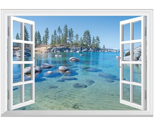 FLFK Fake Window Wall Sticker - A Clear Blue Lake Faux Window Wall Mural for Wall Decor, Stick and Peel Wall Decals,24"x16" - Image 1