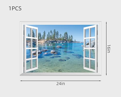 FLFK Fake Window Wall Sticker - A Clear Blue Lake Faux Window Wall Mural for Wall Decor, Stick and Peel Wall Decals,24"x16" - Image 2
