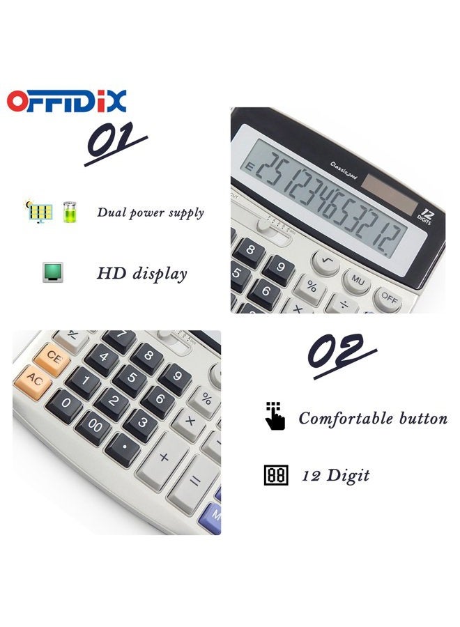 OFFIDIX آلة حاسبة مكتبية OFFIDIX، آلات حاسبة أساسية، آلة حاسبة إلكترونية تعمل بالطاقة الشمسية مزدوجة الطاقة محمولة 12 رقم، آلة حاسبة كبيرة بشاشة LCD كبيرة - Image 3