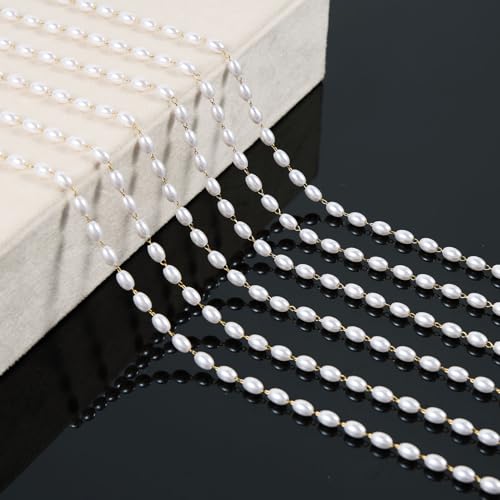 KYUNHOO Dainty Rosary Beaded Chains for Jewelry Making 5 Meters Faux Pearl Decoration Stainless Steel Gold Chain Links with Jewelry Connectors for DIY - Image 5