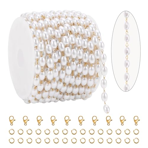 KYUNHOO Dainty Rosary Beaded Chains for Jewelry Making 5 Meters Faux Pearl Decoration Stainless Steel Gold Chain Links with Jewelry Connectors for DIY - Image 1
