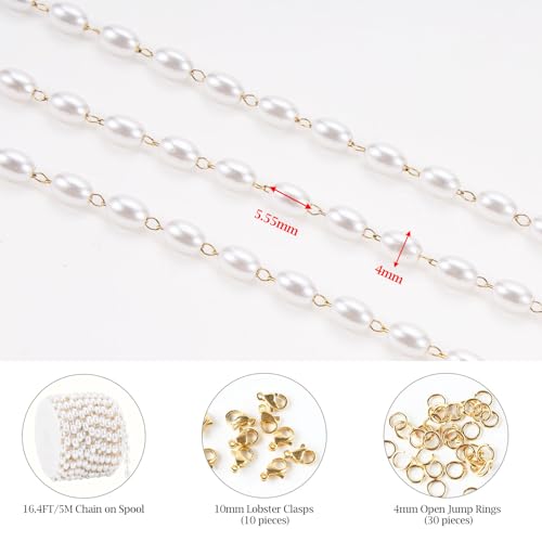 KYUNHOO Dainty Rosary Beaded Chains for Jewelry Making 5 Meters Faux Pearl Decoration Stainless Steel Gold Chain Links with Jewelry Connectors for DIY - Image 2