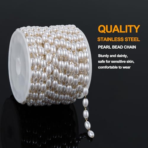 KYUNHOO Dainty Rosary Beaded Chains for Jewelry Making 5 Meters Faux Pearl Decoration Stainless Steel Gold Chain Links with Jewelry Connectors for DIY - Image 3