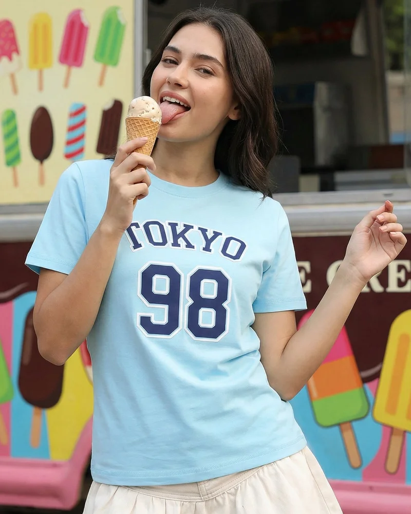 بيواكوف Women's Plume Blue Tokyo 98 Typography Cotton Elastane T-shirt