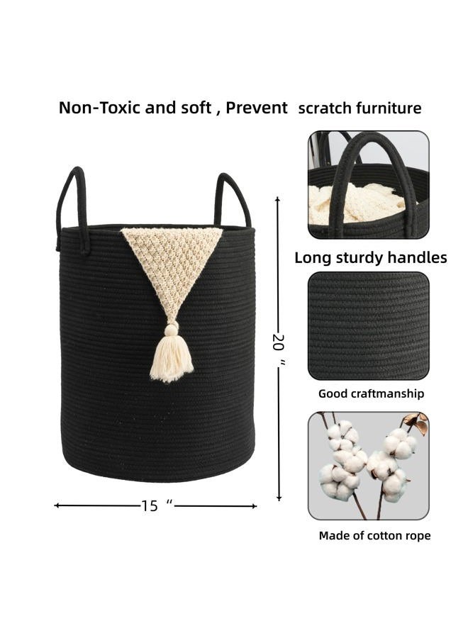 JUNBOLE Woven Cotton Rope Laundry basket-16”X20” Laundry Hamper-Rope Storage Basket for Dirty Clothes, Toys and Blankets Perfect for Bathroom, Baby nursery and Living Room Storage (black) - Image 2
