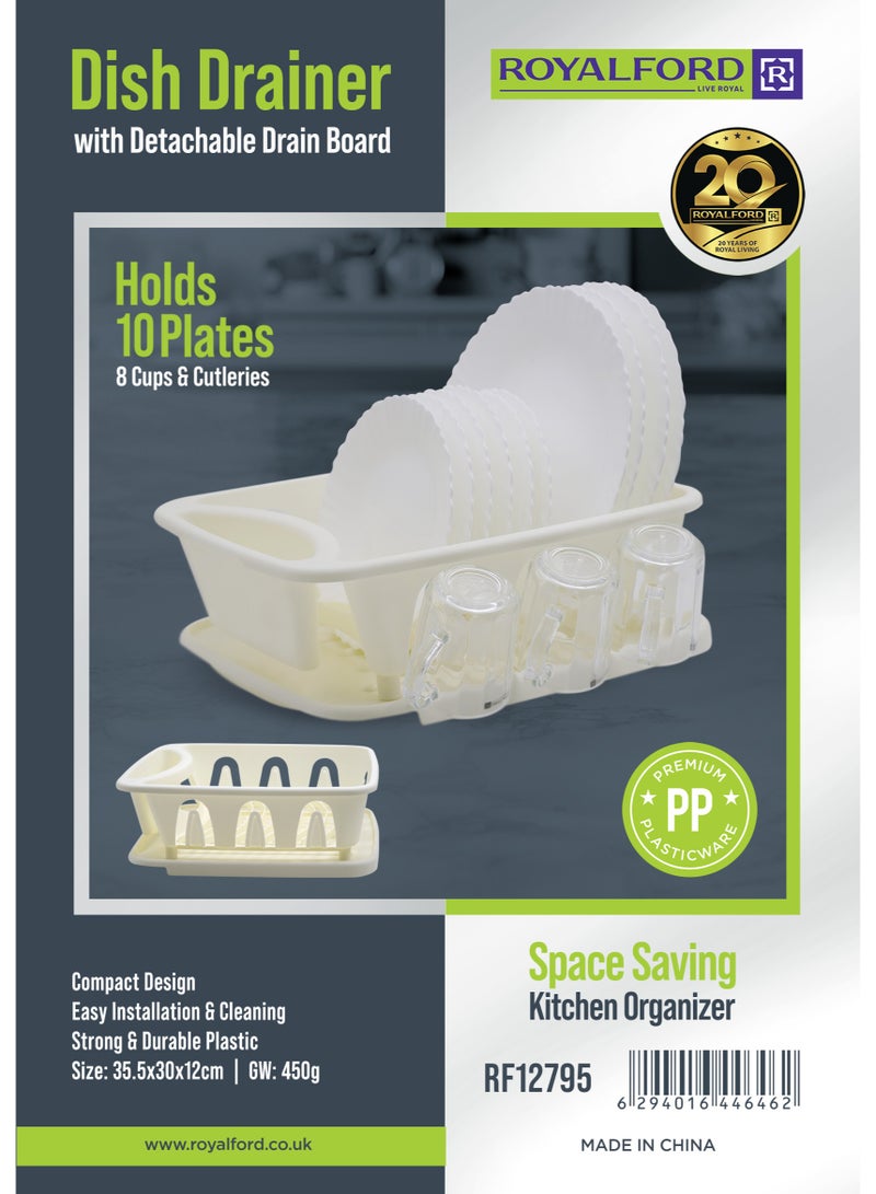 Royalford Dish Drainer Rack with Detachable Drain Board RF12795 Drainer with Drip Tray Utensil Holder Draining Board for Kitchen Counter Holds 10 Plates 8 Cups and Cutlery Space Saver - Image 2