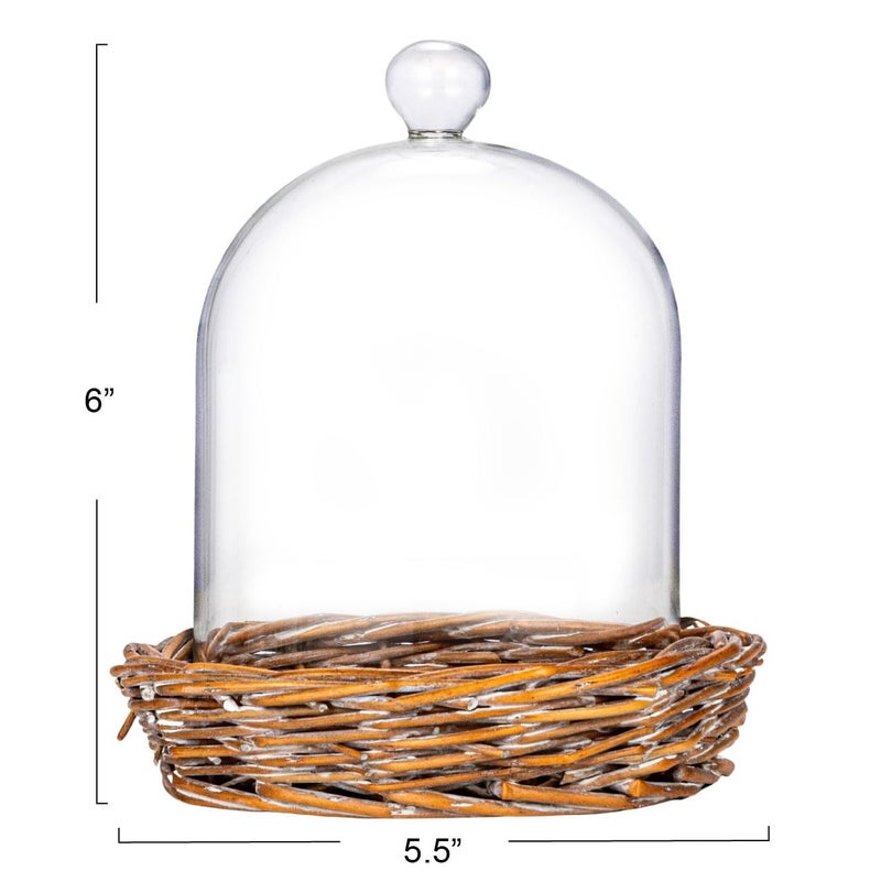 Creative Co-Op Round Glass Cloche with Woven Willow Base, Clear - Image 3
