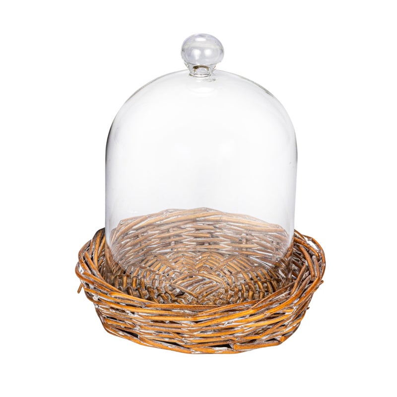 Creative Co-Op Round Glass Cloche with Woven Willow Base, Clear - Image 1
