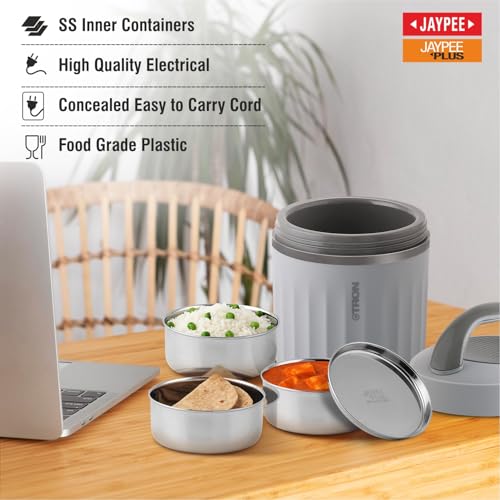 Jaypee Plus Etron Auto Cut Off Electric Lunch Box with 3 Stainless Steel containers 300X3 ml Lunch Box for Office, Travel Easy to Carry Handle Convenience case for Power Cord Food Grade,Light Grey - Image 2