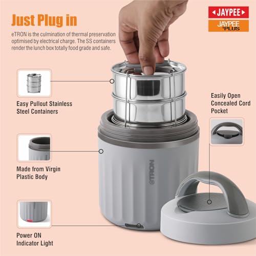 Jaypee Plus Etron Auto Cut Off Electric Lunch Box with 3 Stainless Steel containers 300X3 ml Lunch Box for Office, Travel Easy to Carry Handle Convenience case for Power Cord Food Grade,Light Grey - Image 4