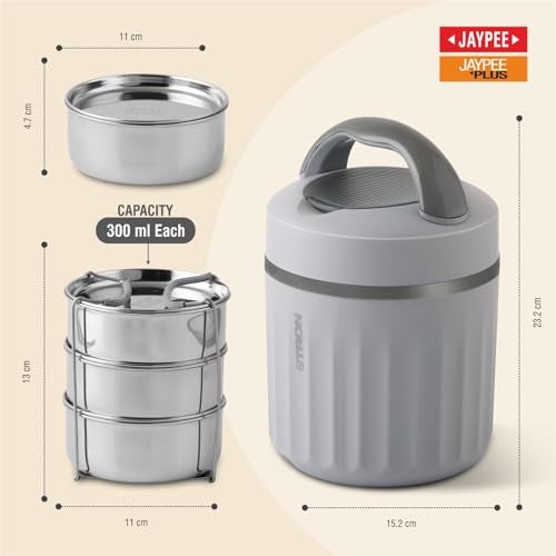 Jaypee Plus Etron Auto Cut Off Electric Lunch Box with 3 Stainless Steel containers 300X3 ml Lunch Box for Office, Travel Easy to Carry Handle Convenience case for Power Cord Food Grade,Light Grey - Image 5