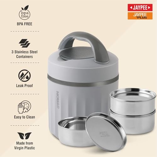 Jaypee Plus Etron Auto Cut Off Electric Lunch Box with 3 Stainless Steel containers 300X3 ml Lunch Box for Office, Travel Easy to Carry Handle Convenience case for Power Cord Food Grade,Light Grey - Image 3
