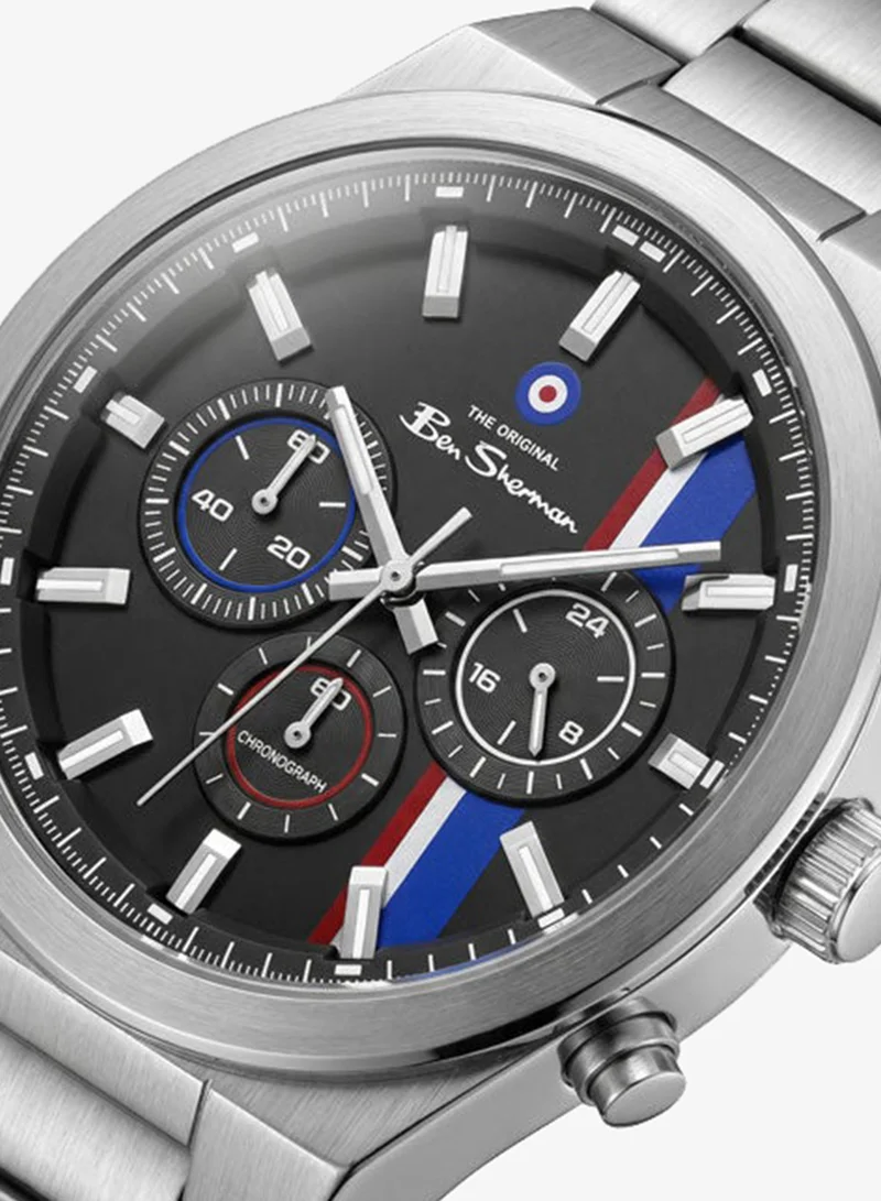 Ben Sherman Canterbury Black Dial Stainless Steel Bracelet Chronograph Watch for Men, 44mm