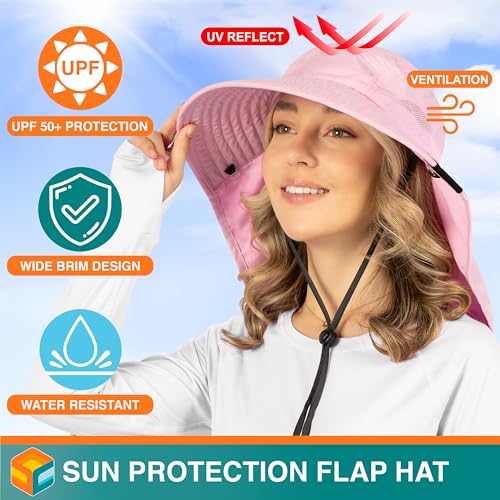 Suncube SUN CUBE Wide Brim Sun Hat with Neck Flap Fishing Hiking for Women Safari Neck Cover for Outdoor Sun Protection UPF50 Pink - Image 3