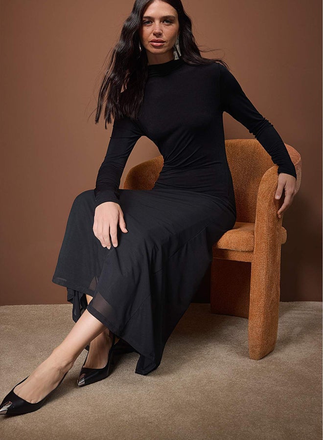 trendyol فستان ميدي طويل الأكمام من التول مزين بتفاصيل على شكل A-Line/جرس باللون الأسود قابل للتمدد ومصنوع من الصوف - Image 2