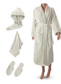 A bath set consisting of a robe size XL a hair wrap a towel size 30x30 and a rag made of the finest cotton